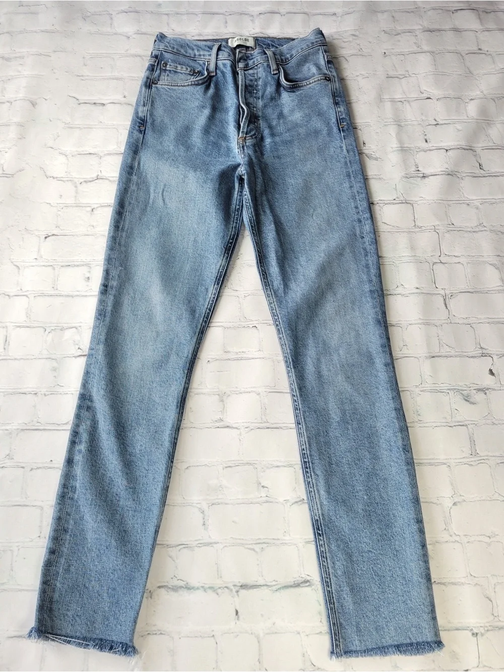✅ Agolde High-Rise Light Blue Slim Leg Leg Jeans raw hem size 24
